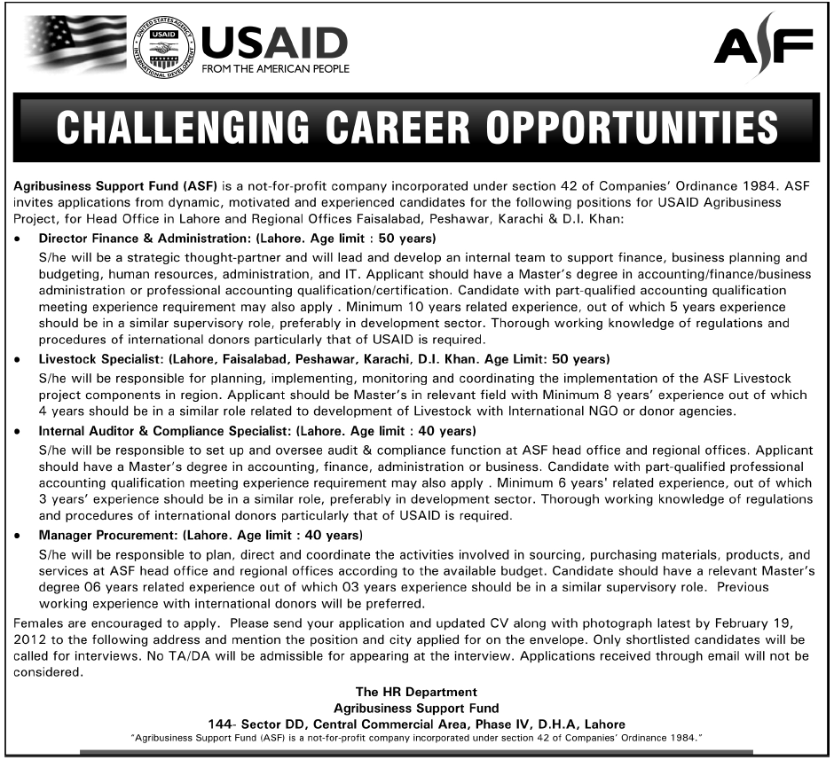 USAID (Agribusiness Support FundASF) Jobs Opportunity in Lahore